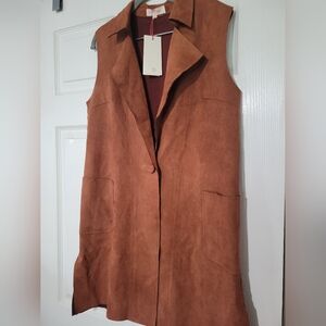Solitaire Womens Faux Suede Burnt Orange Long Vest Size Large Pockets NWT